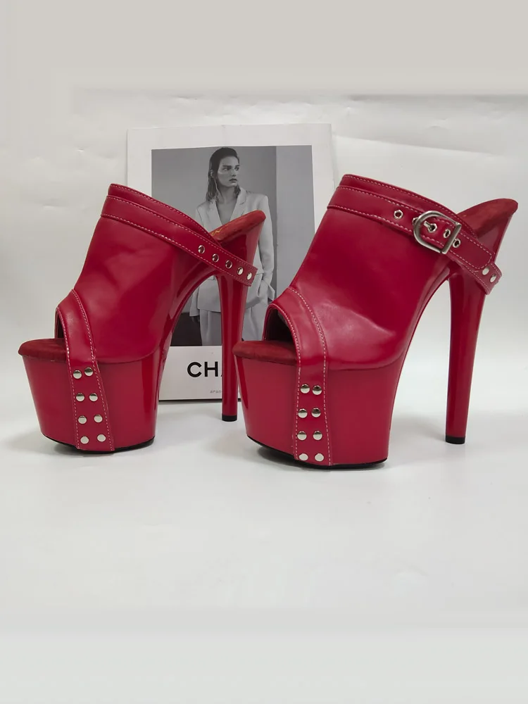 17CM Women's High Heeled Shoes Thick Platform Gothic Shallow Slippers Rivet Big Size Nightclub 7 Inches White Party Buckle Strap