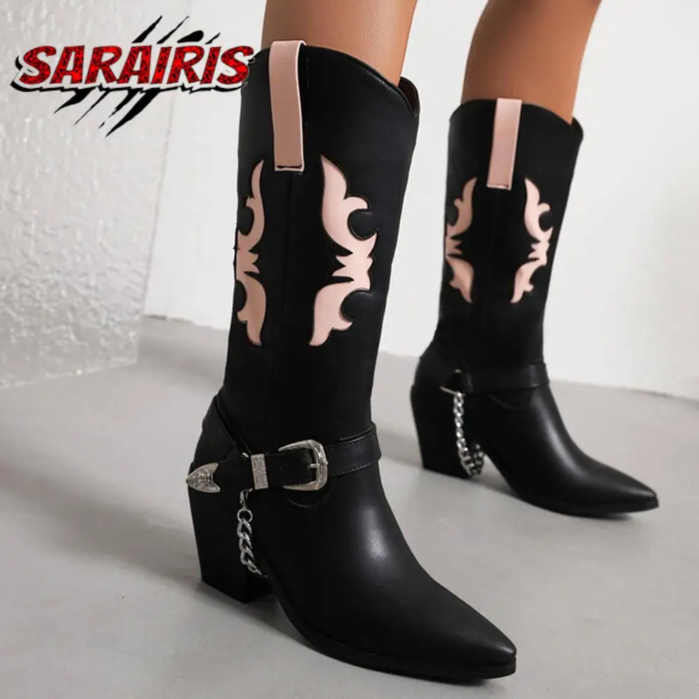 

Retro Punk Sweet Chunky Mid Calf Women Boots Comfy Vintage Chain Stylish non-slip Modern Boots Pointed Toe Winter Women Shoes