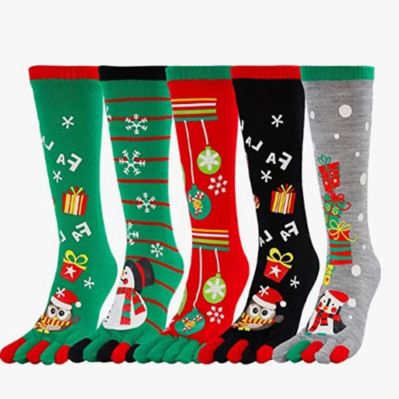 

Christmas Socks Women Long Tube Five Finger Socks Men Autumn Winter Xmas New Year Socks Cotton Santa Claus Printed Socks