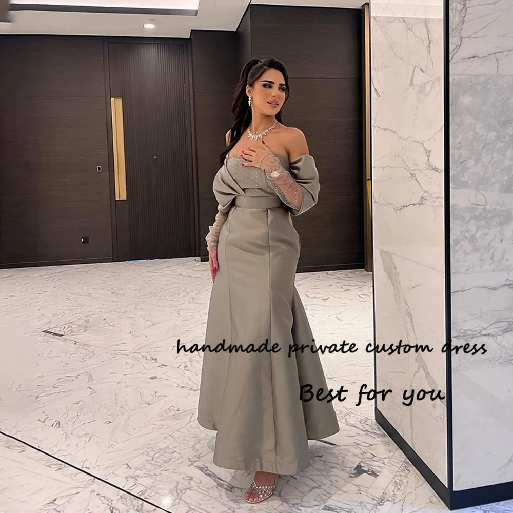 

Gray Mermaid Saudi Arabic Evening Dresses Sequins Strapless Pleats Satin Dubai Arabia Prom Party Dress Long Formal Gowns