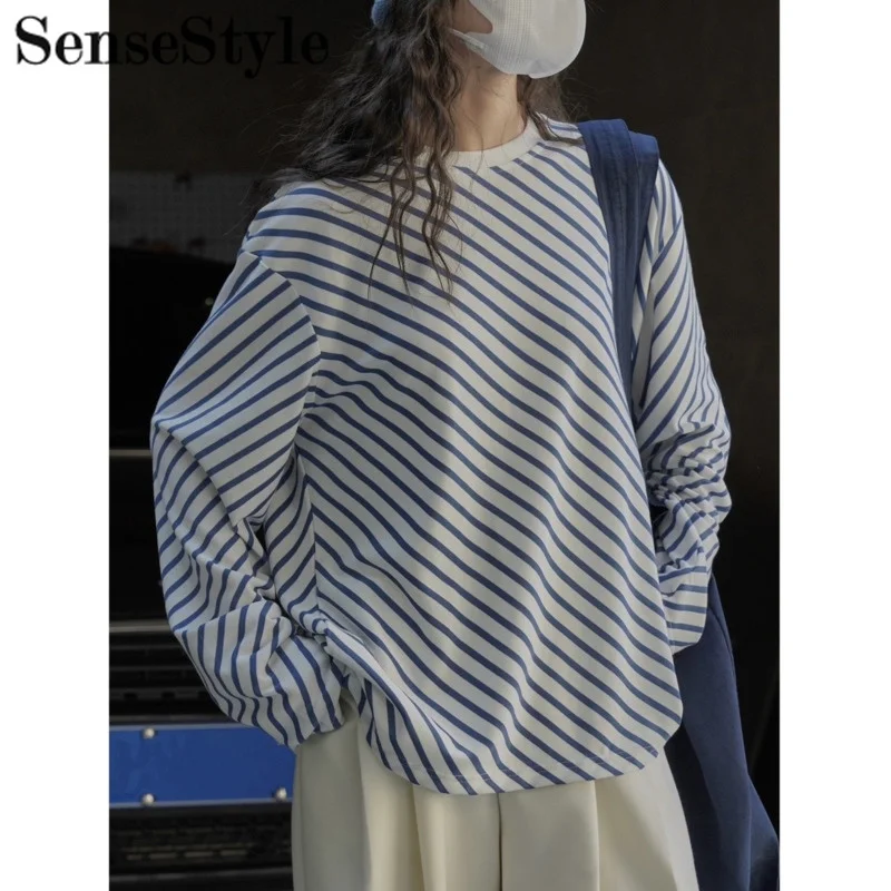

Spring Vintage Oblique Stripe Long Sleeve T-shirt Women Round Neck Color Block Loose Casual Pullovers Tees Tops 2023