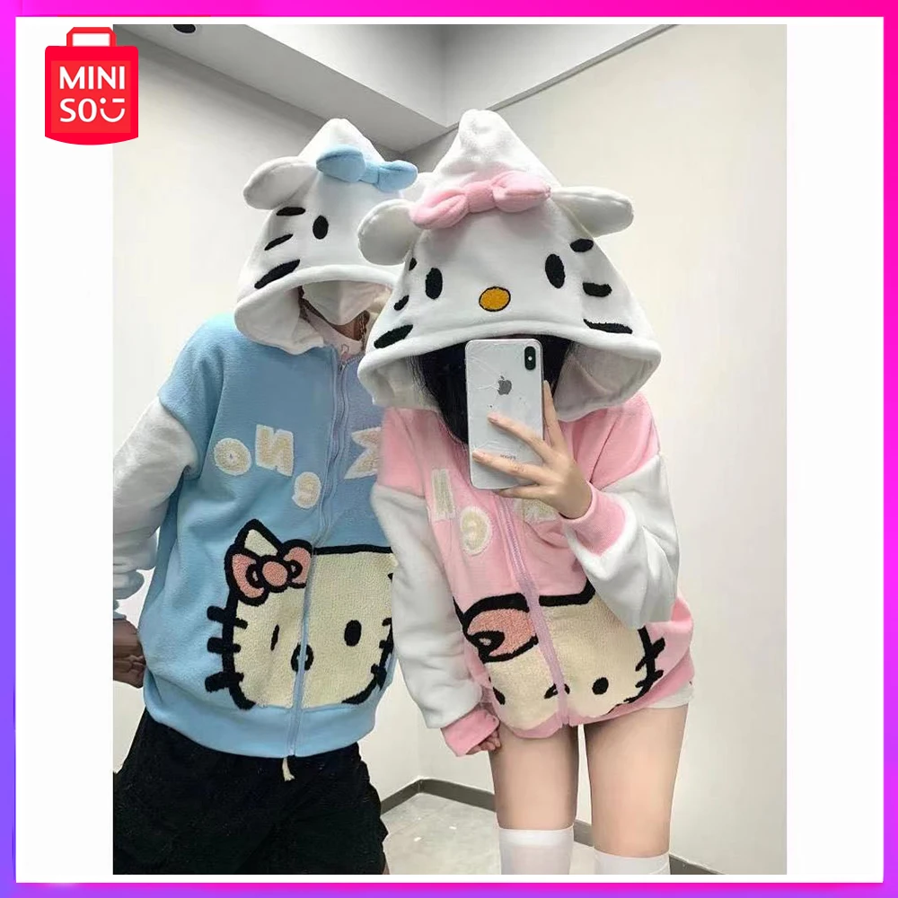 

Miniso Hello Kitty American Sherpa Jacket Hooded Sweatshirt Couple Autumn and Winter Plus Velvet Cotton Clothing Christmas Gift