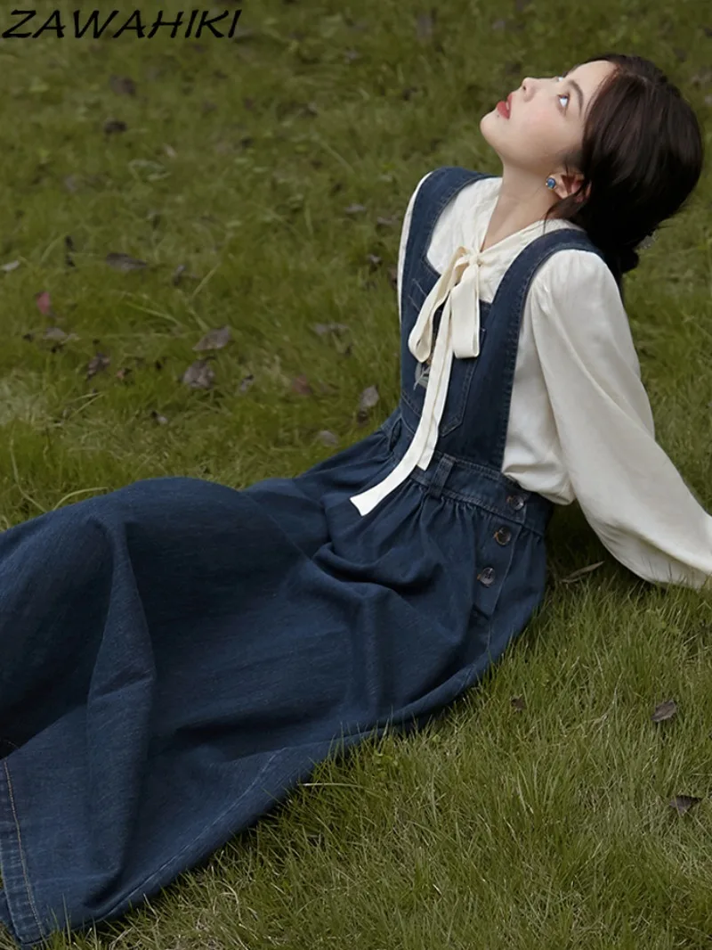 

ZAWAHIKI New Spring Autumn French Vintage Cartoon Graphic Embroidery Women Dress Designed Fashion Y2K All Match Denim Vestidos
