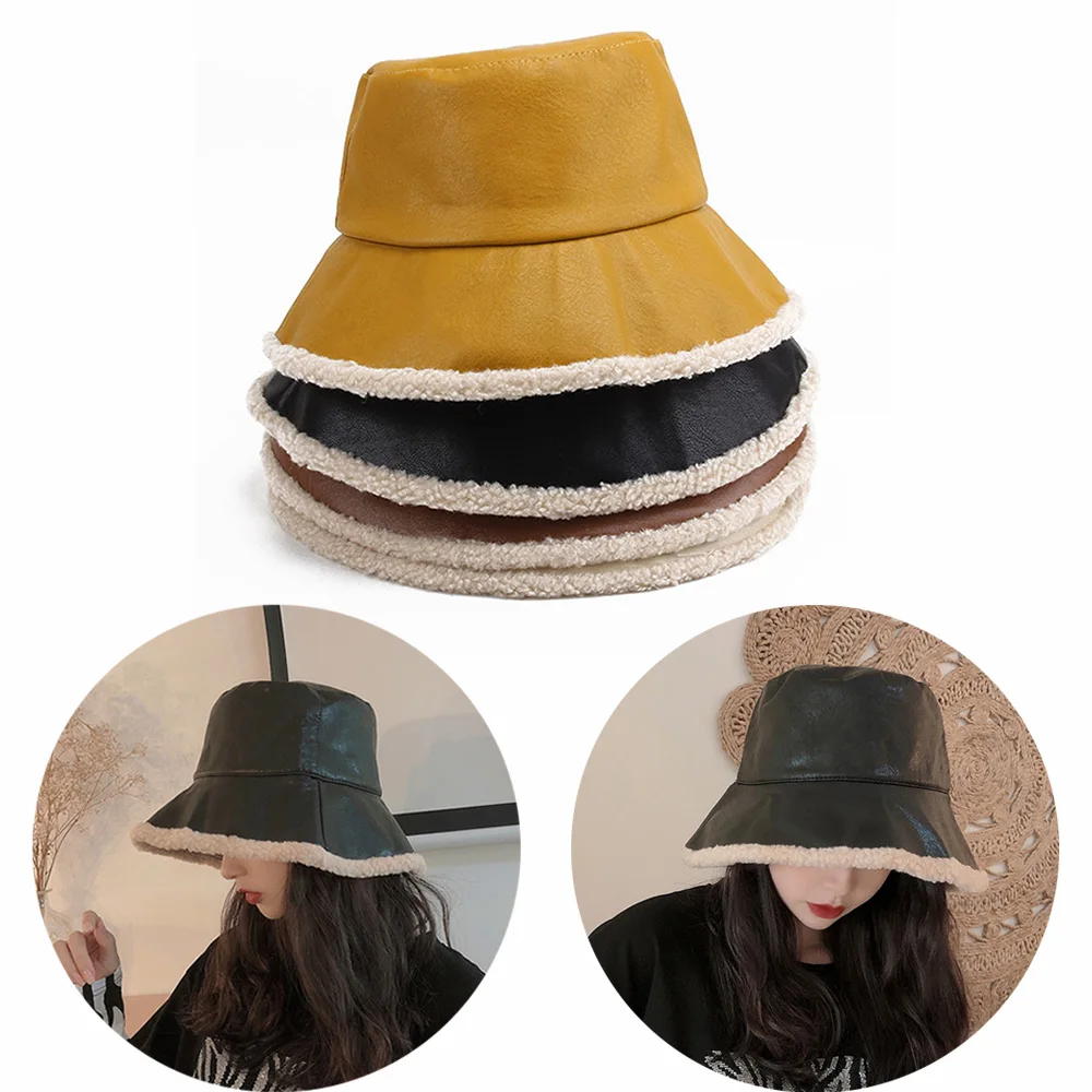 

1Pc Winter Hat Women PU Thicken Warm Wool Bucket Hats Unisex Fashion Large Brim Panama Fisherman Caps Lady Tourism Hat