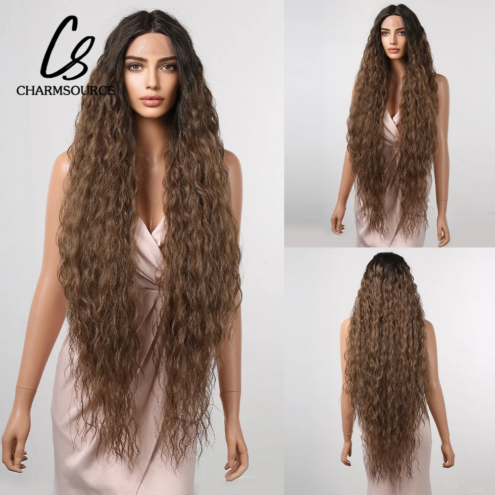 

CharmSource Synthetic Lace Front Wig Ombre Brown Wigs Curly Wigs for Women Female Cosplay Party Dresses High Density Fiber Hair