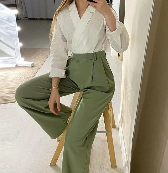 Fashion 2 Pieces Set for Women 2024 Solid Color Collar Long Sleeve Shirt and Straight High Waist Wide Leg Trousers Pants Set