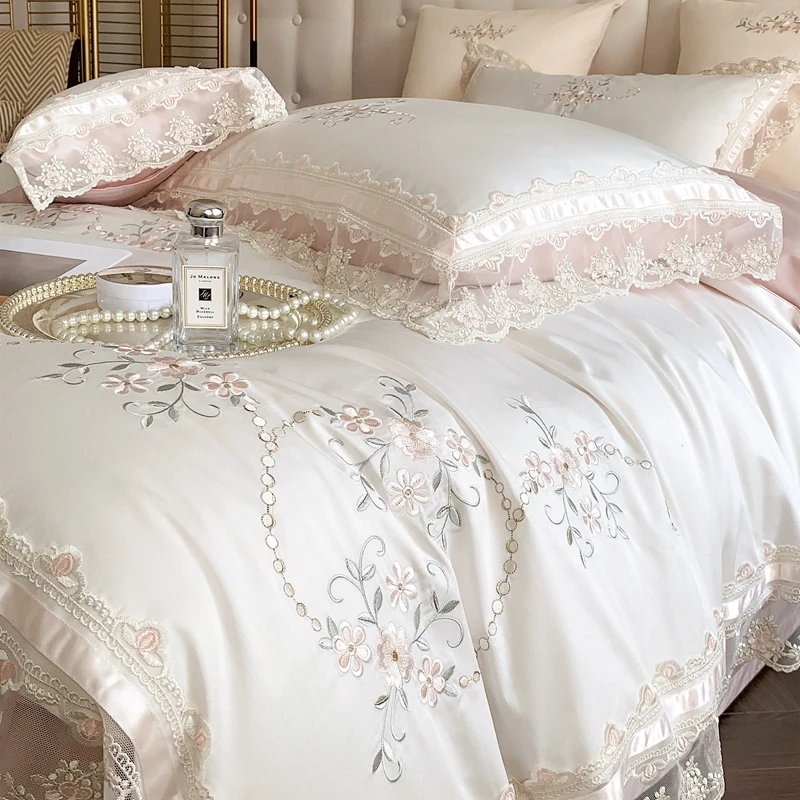 

Romantic French Lace Flowers Embroidery Wedding Bedding Set 1200TC Egyptian Cotton Soft Duvet Cover Set Bed Sheet Pillowcases