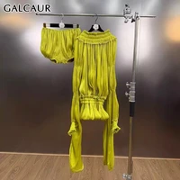 GALCAUR Solid Loose Spliced Folds Mini Dress for Women Slash Neck Long Sleeves Patchwork Elastic Waist Dresses Female Fashion