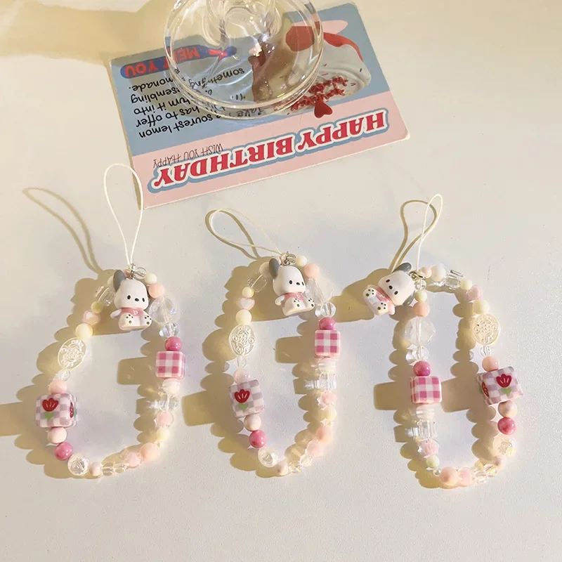 

Kawaii Sanrio Pochacco Pink Flower Beaded Phone Chain Cartoon CCD Camera Chain Girl Backpack Pendant Decoration Holiday Gifts