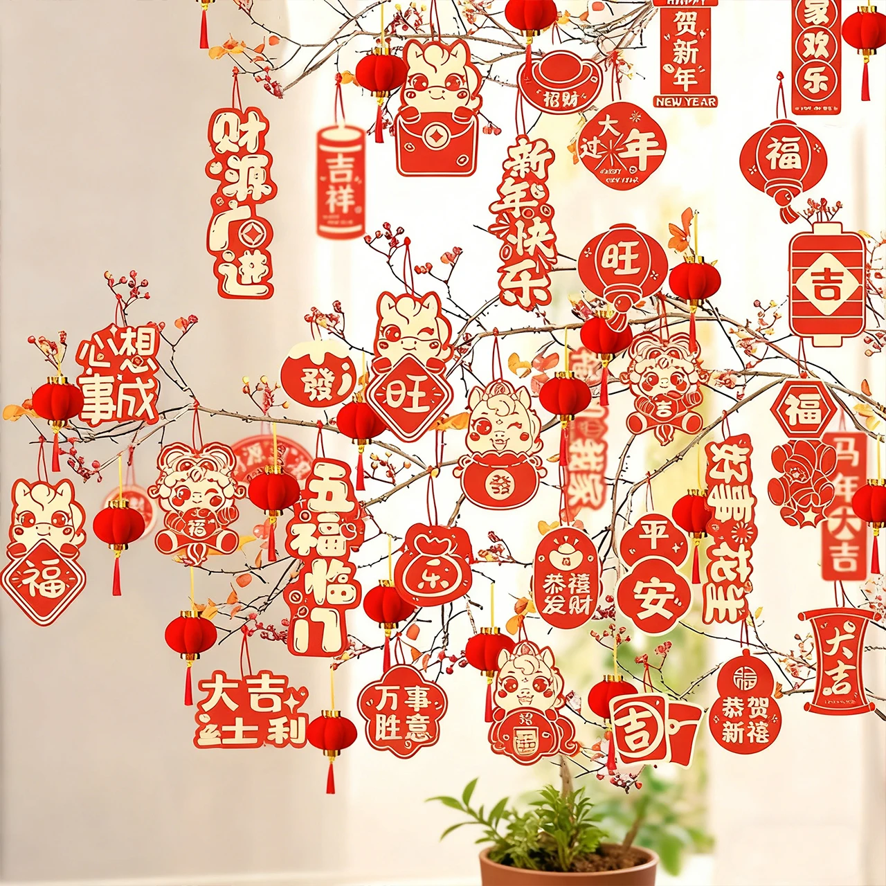 22/36/40pcs New Year Greeting Cards Blessing Plant Bonsai Pendant Gift Card Red Hanging Tags Spring Festival Home Party Decor