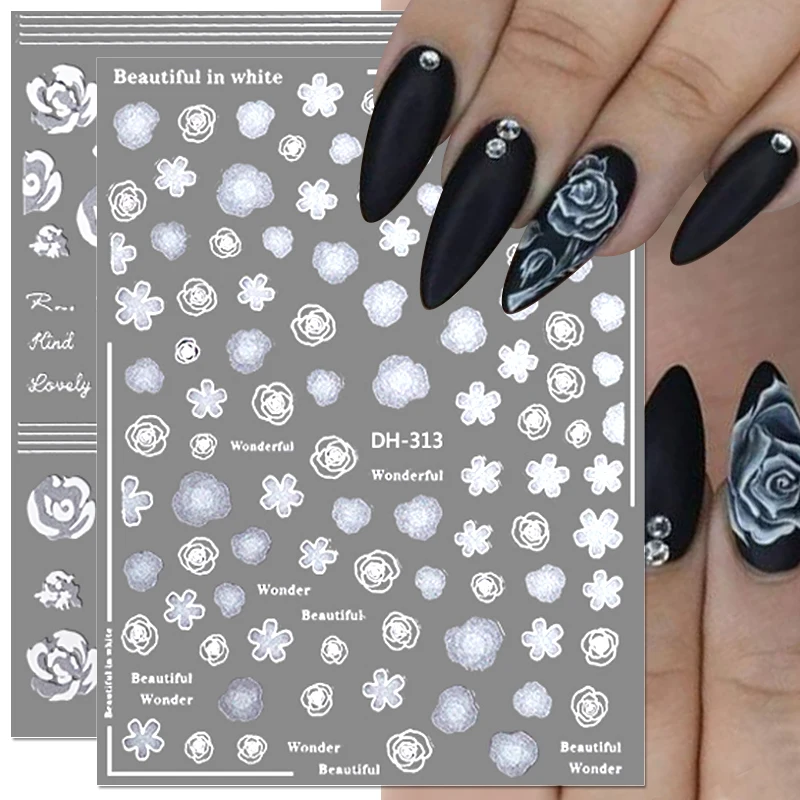 

3D Semitransparent White Cherry Blossom Nail Sticker Butterfly Daisy Rose Flowers Nail Decals Self-Adhesive DIY Nail Decoration