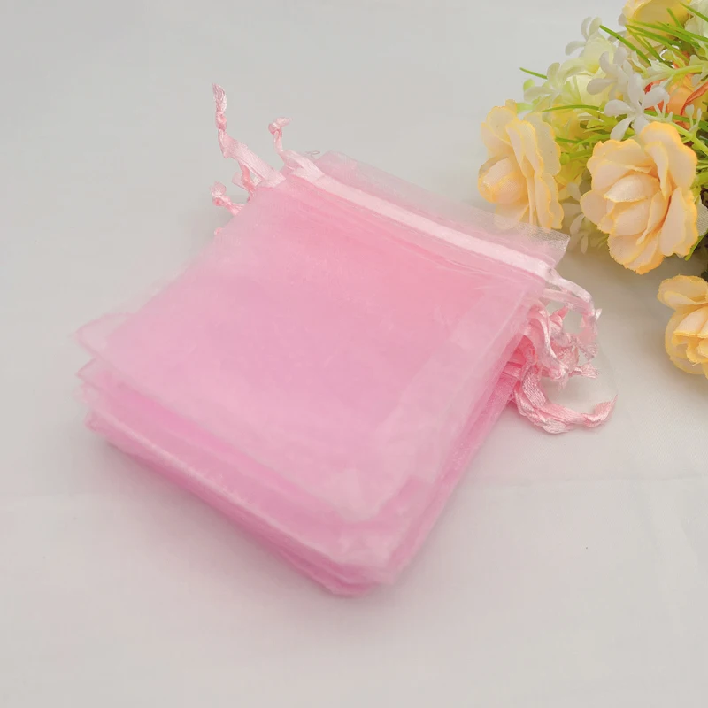 Grande bolsa 100 pçs luz rosa saco de presente casamento embalagem jóias cordão sacos de armazenamento organza saco de malha bolsa de organza sacos de presente