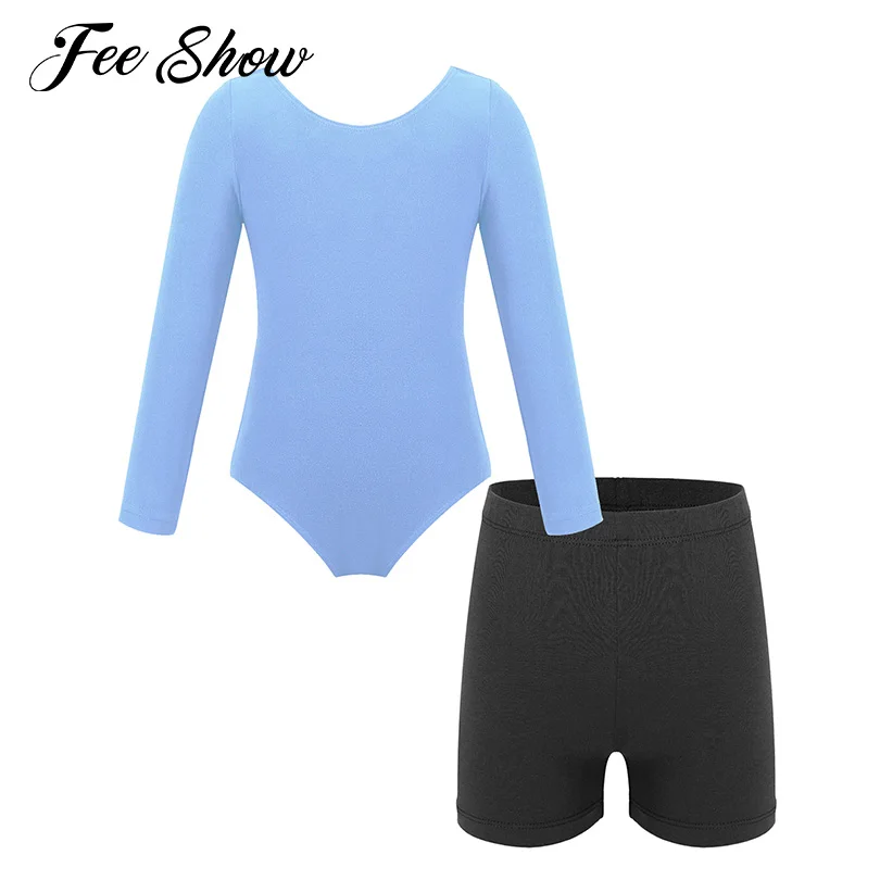 

Kids Girls Dance Bodysuit Outfits Long Sleeve Stretchy Leotard with Elastic Waistband Shorts for Sports Workout Gymnastics Dance