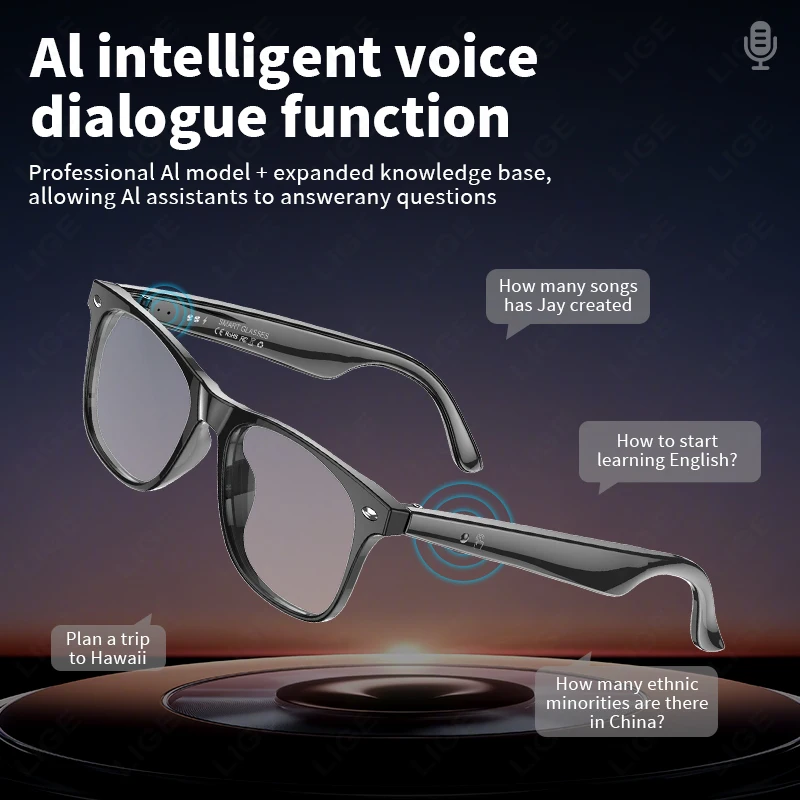 LIGE Smart Glasses 163 Languages AI Automatic Dialogue Translation Bluetooth Call Glasses With Speaker UV Protection Sunglasses