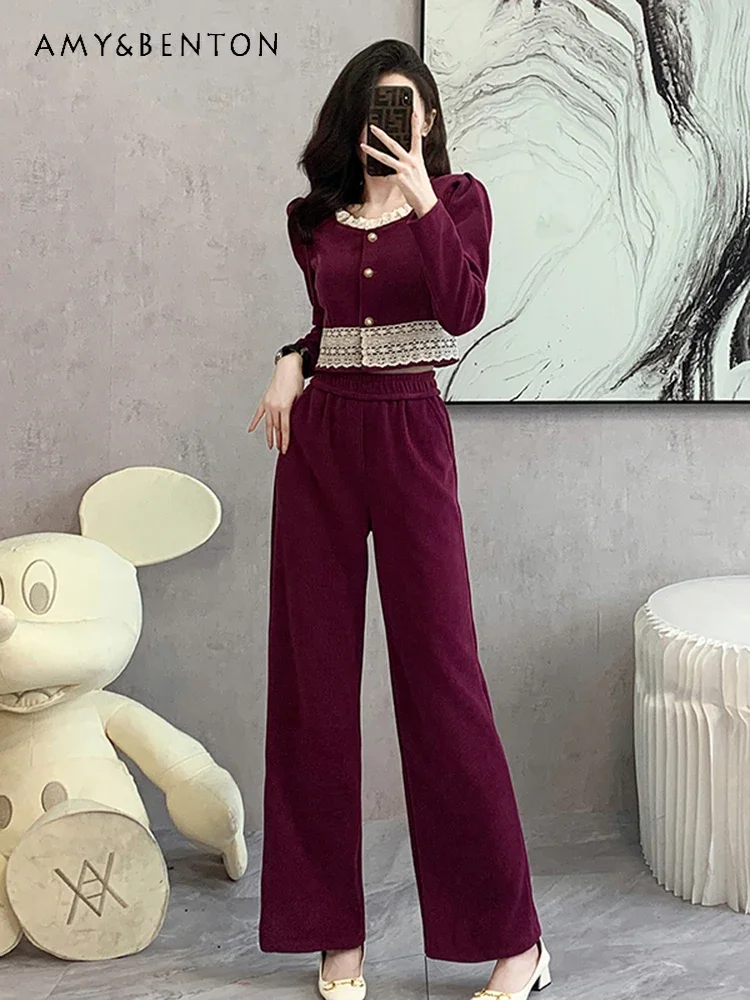 

Autumn Winter New Elegant Socialite Outfits High-End Fashion Elegant Round Neck Short Top + Slim Wide-Leg Pants Two-Piece Sets