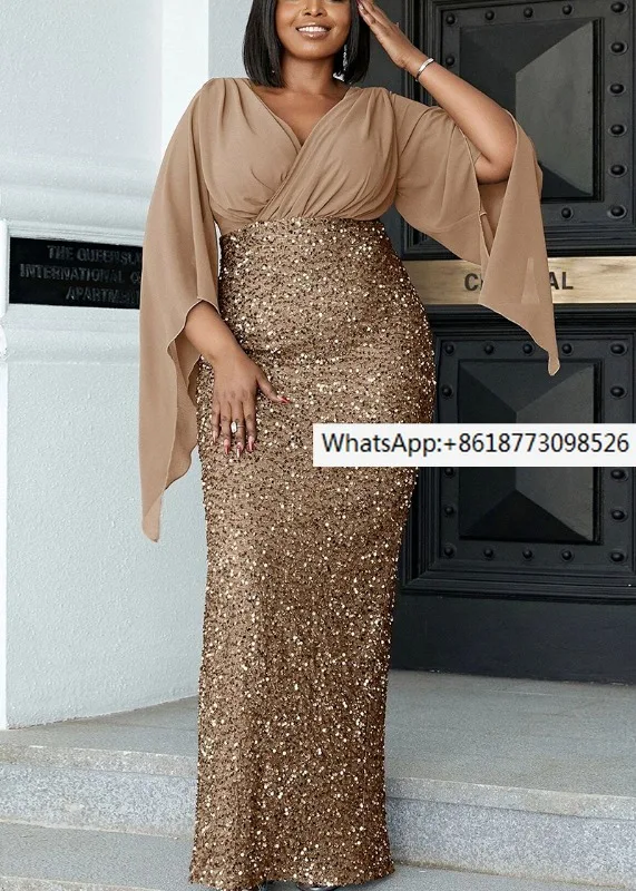 

2023 Plus Size Luxury Dress Shiny Chiffon Loose Sherfang Plus Size Elegant Banquet Midi V Neck Dress