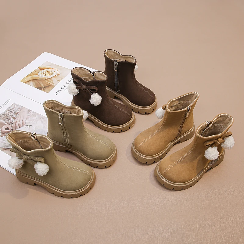 Soft Suede Boots for Girls with Faux Fur and Plush Ball