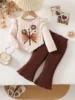 Baby girl autumn sweet and exquisite style three-dimensional flower bow top with brown bell bottom pants set