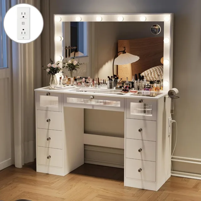 Makeup Vanity Desk with Lights and Large Mirror,Drawers Light Up Vanity,Glass Top Make Up Table with Charging Station,Customized