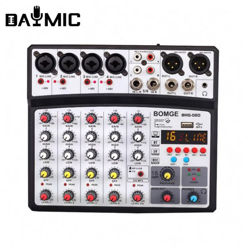 

Factory Wholesale 6 Channel BT Stereo Mixer Audio Stereo Sound Console With 16 Type DSP For Studio DJ Broadcasting Recording