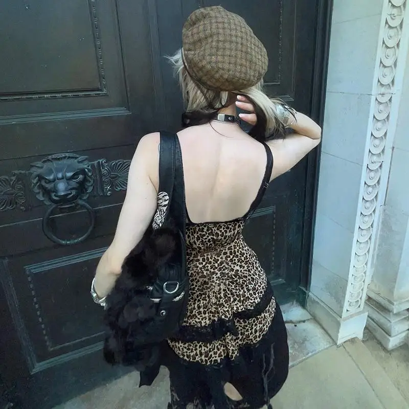 Street Sle  Knot Lace Splice Leopard Print Crop Top Design Sense Hemline Vest WEEKEEP Trendy Women's Faion