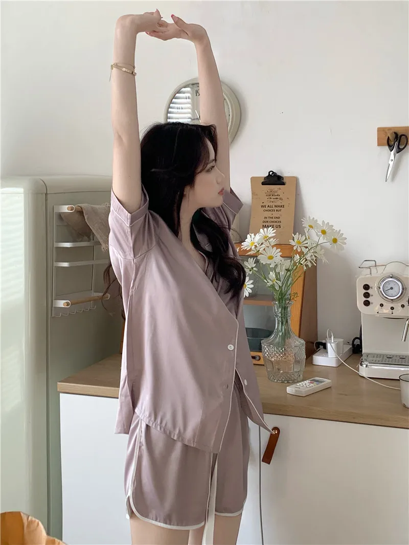 Purple Silk Summer Pajamas Set Women Single Breasted Shirts + Shorts Casual Loose Sleepwear Two Piece Home Suit Pocket