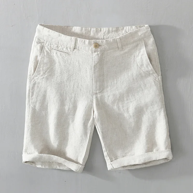 L8216 Mid Waist Linen Beach Shorts Summer Men Simple Business Casual Straight Pockets Solid Color Zipper Work Knee Length Pants 4