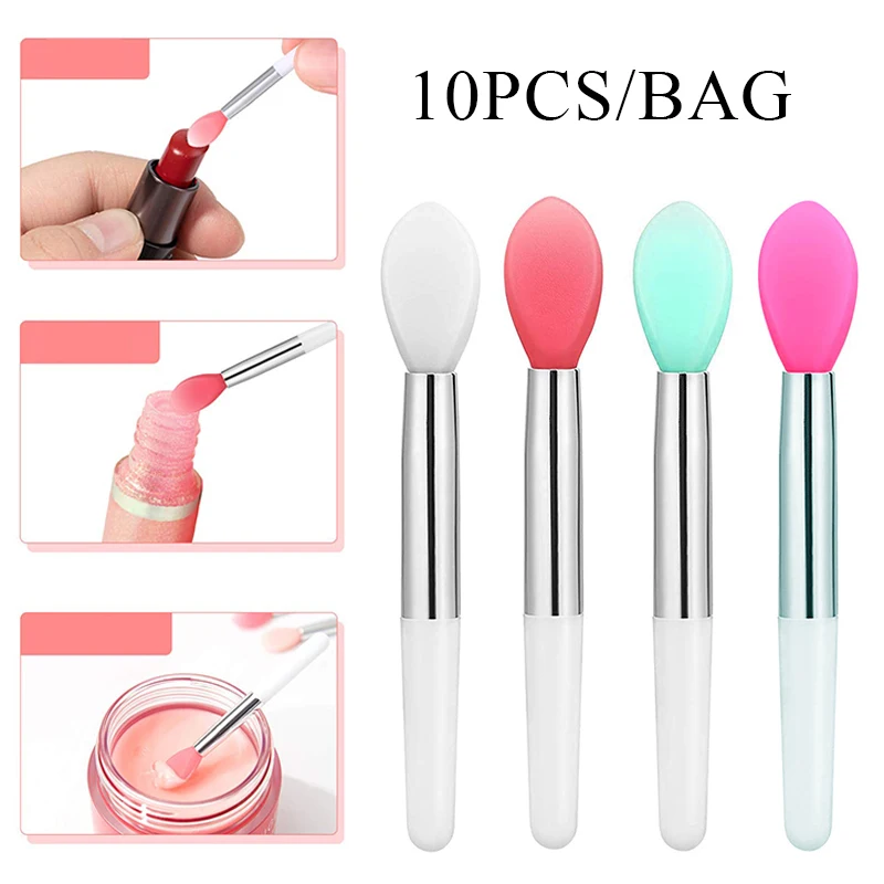 10pcs Lip Brush Soft Silicone Makeup Tool Reusable Easy Clean With Lid Mini New 全国どこでも送料無料