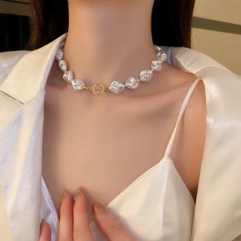 Trend Elegant Jewelry Heart Pendant Necklace For Women Fashion Irregular White Imitation Big Pearl Chain Choker Necklace N0456 4