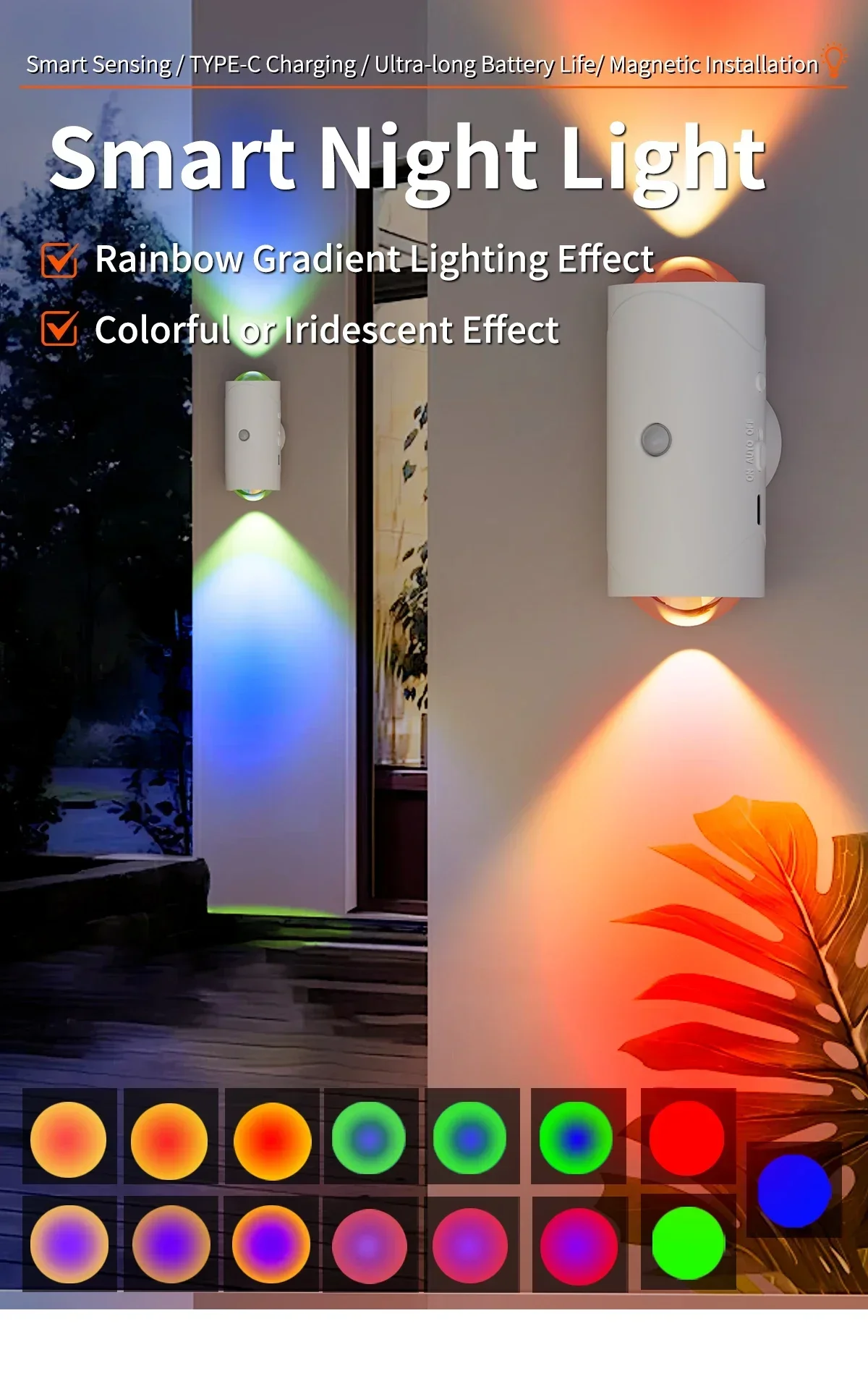 LED Night Light with Motion Sensor RGB Gradient Ambient Wall Lamp Rechargeable Dimmable Magnetic Ladder Light for Bedside Closet