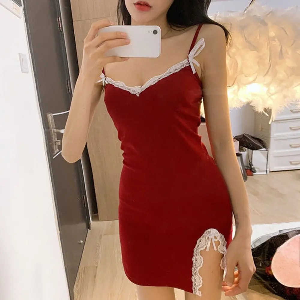 

Casual Lace Backless Homewear Split Deep V Neck Bow Camisole Pajamas Suspender Nightdress Women Sleepwear Sling Nightdress