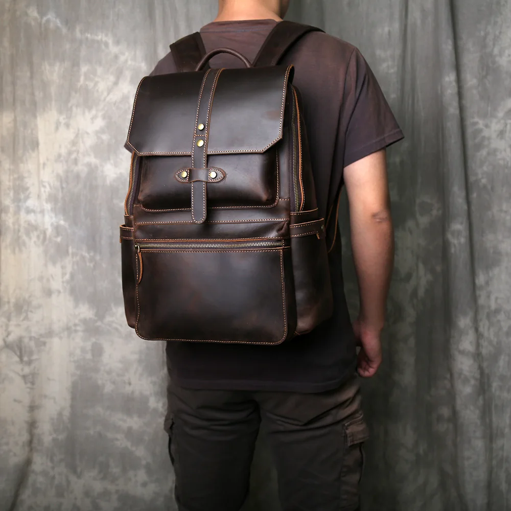 Retro Durable Crazy Horse Leather Backpack Men's Headlayer Leather Large Capacity Zipper Buckle with Outdoor Travel Computer Bag 3