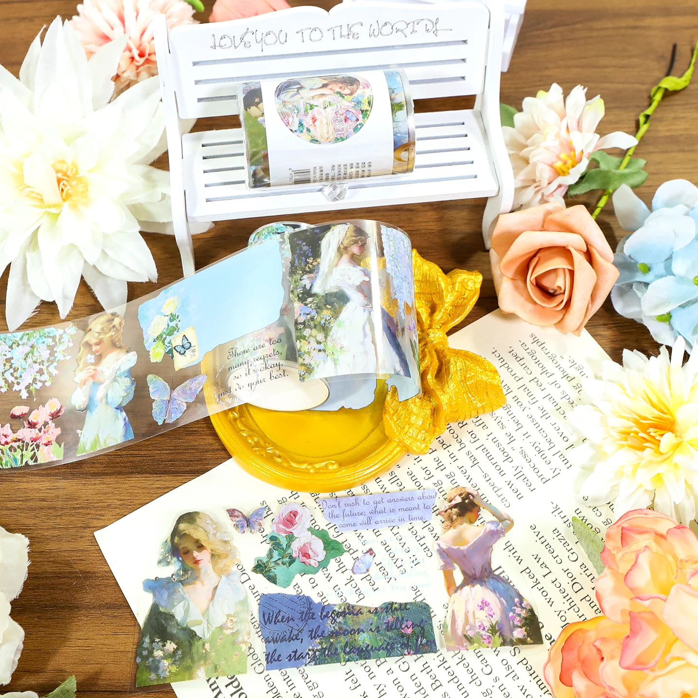 2m/롤 아름다운 아가씨 투명 PET 테이프 꽃 마스킹 테이프 3D 크리스탈 잉크 장식 스티커 일기장/스크랩북/저널용