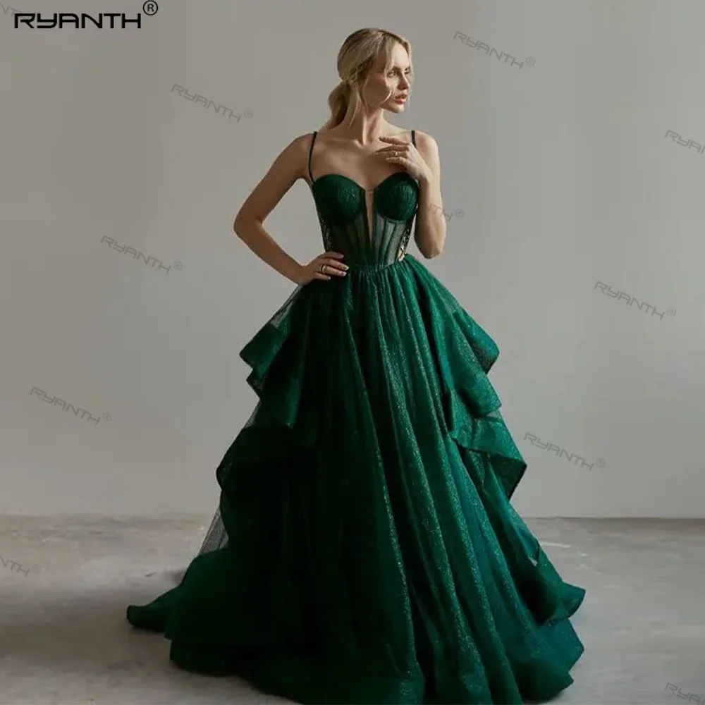 

Green Evening Dresses 2024 Glitters Bling Bling Sweetheart Spaghetti Strap Ruffles Long Party Prom Gown Women Celebrity Dress