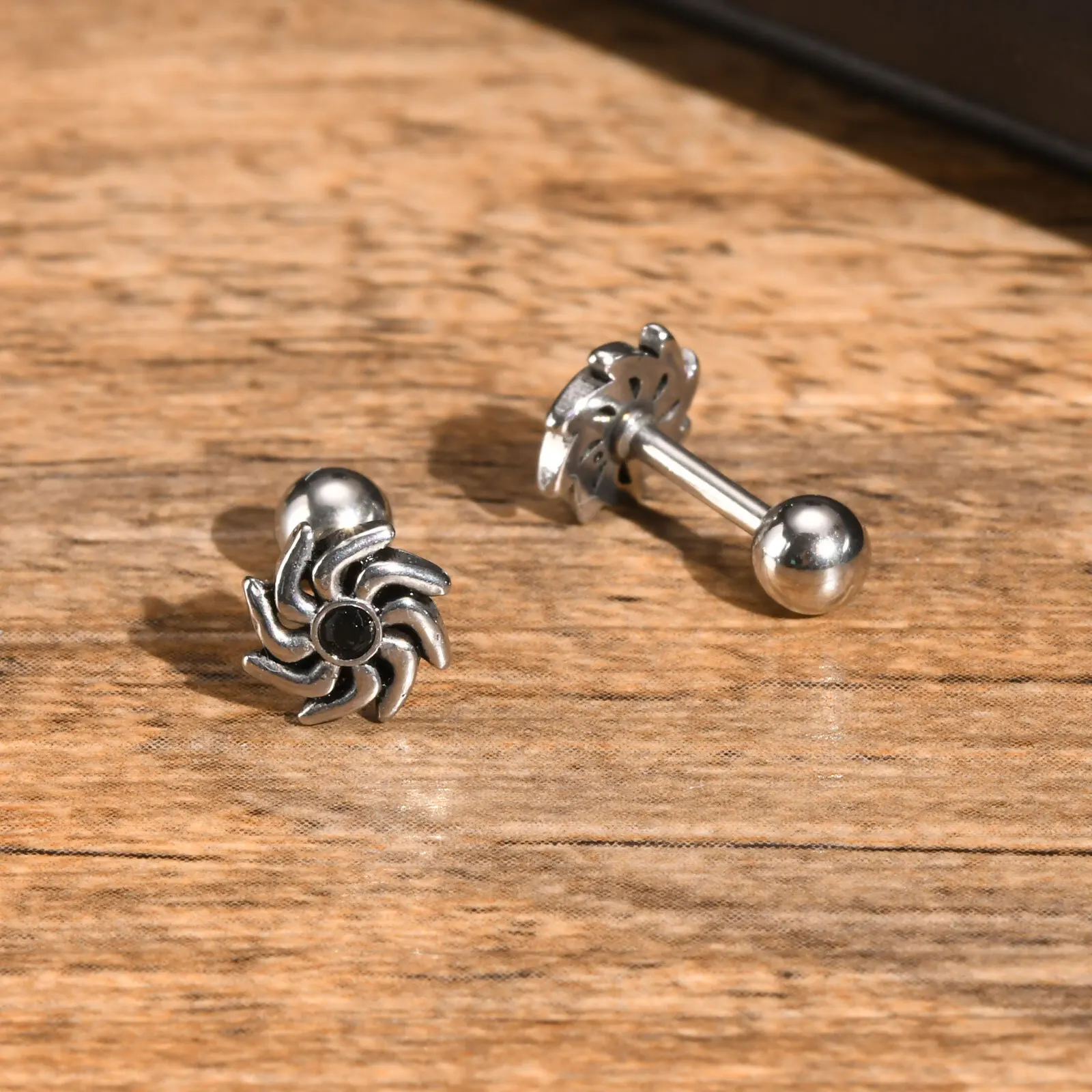 Mens Stud Earrings,Retro Punk Antique Stainless Steel Small Ear Studs,Ship's Anchor Antelope Head Sun Spider Web Earrings Gifts