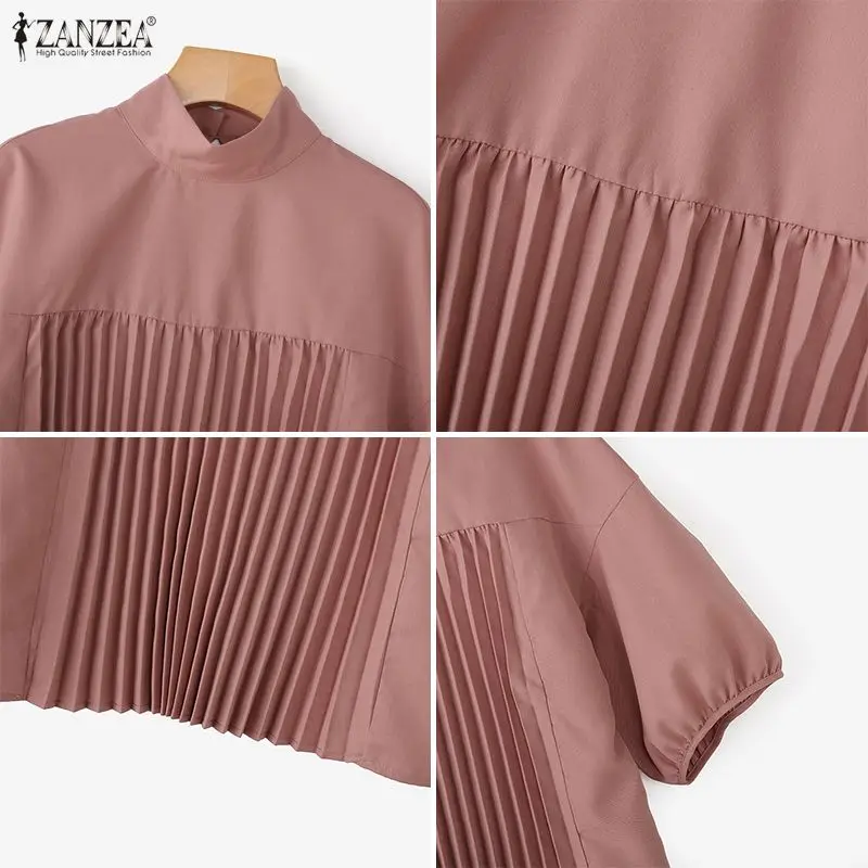 ZANZEA 패션 블라우스 여성 여름 스탠드 칼라 하프 랜턴 슬리브 캐주얼 탑 루즈 셔츠 우아한 오피스 레이디 블라우스 여성
