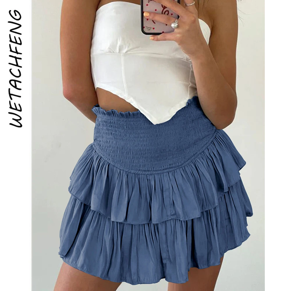 

2023 Summer Sexy Sweet Mini Ruffles Solid Skirts Women Party Beach Boho Holiday Folds Elastic High Waist Skirts Female Clothes