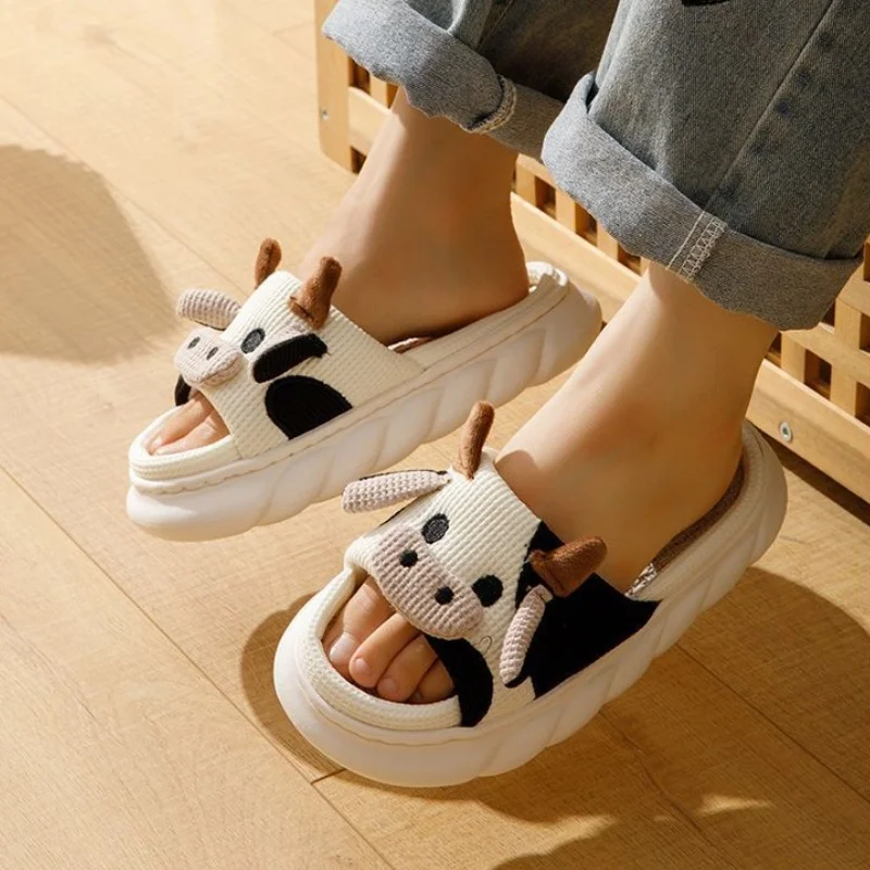 Four Season Cartoon Cow Women Linen Slippers Couples Indoor Soft Sandals Men Home Comfortable Slides Adults Cozy Non-slip Shoes