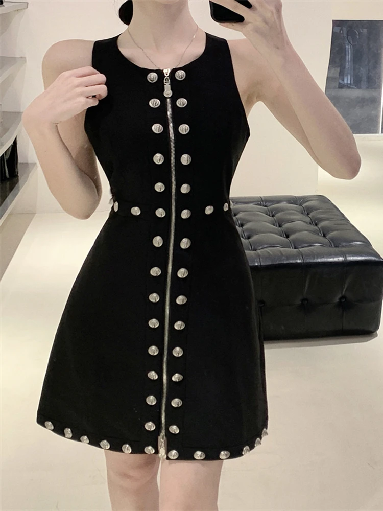 

2023 High Quality Summer New Black Zipper Slim A-Line Dress Vintage Temperament O-Neck Sleeveless Party Dress Lady Clothing