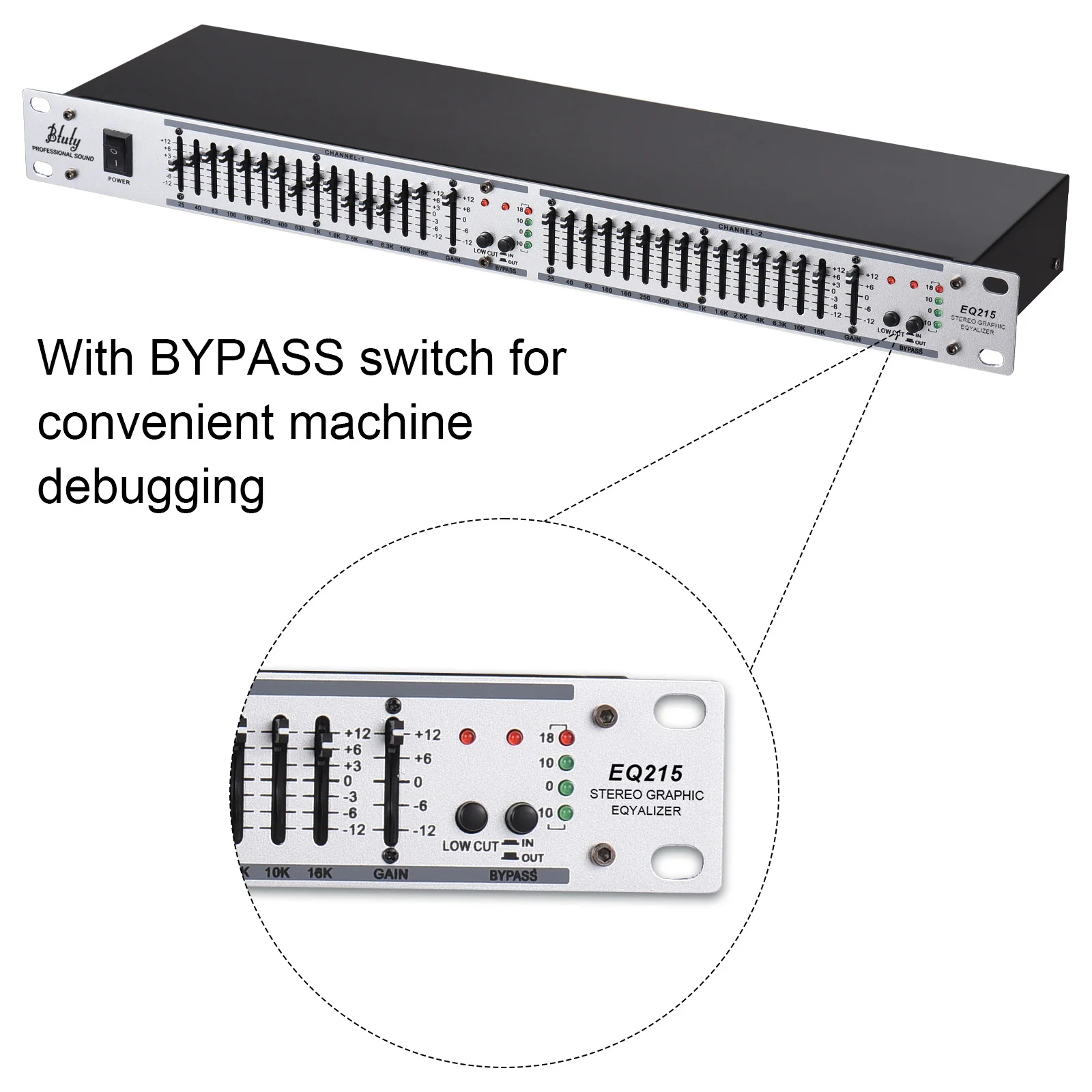 Btuty EQ-215 Dual Channel 15-Band Equalizer 1U Rack Mount 2-channel Stereo Graphic Equalizer 110-240V
