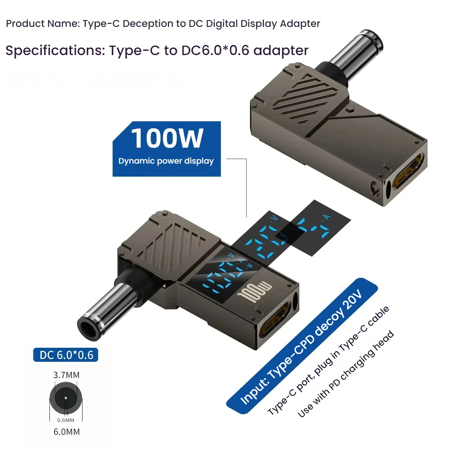 100W Laptop Power Charger Converter - Type-C to DC Male Adapter