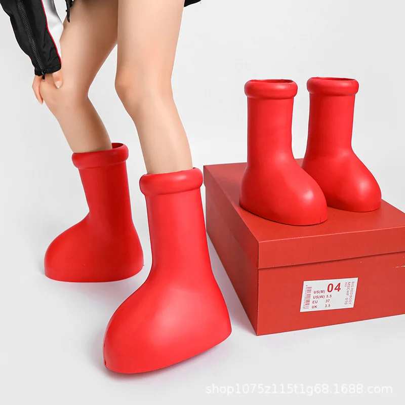 

Cartoon Astroboy Red Rain Boot Thick Bottom Big Round Toe Flat Rubber Sole Slip-on Boots Women Men Valentine's Day Gift