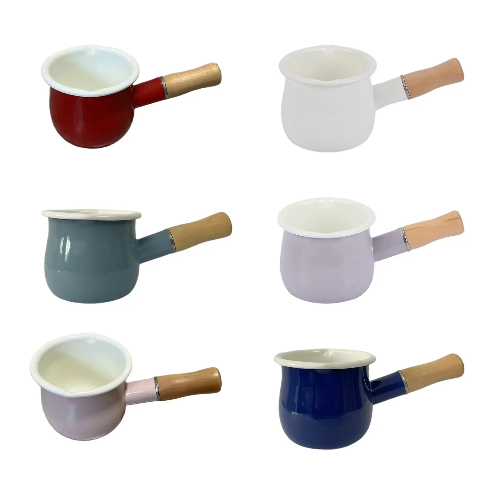 500ml Enamel Milk Pan Small Food Warmer Multifunctional Small Cooking Pot Small Enamelware Butter Warmer with Wooden Handle