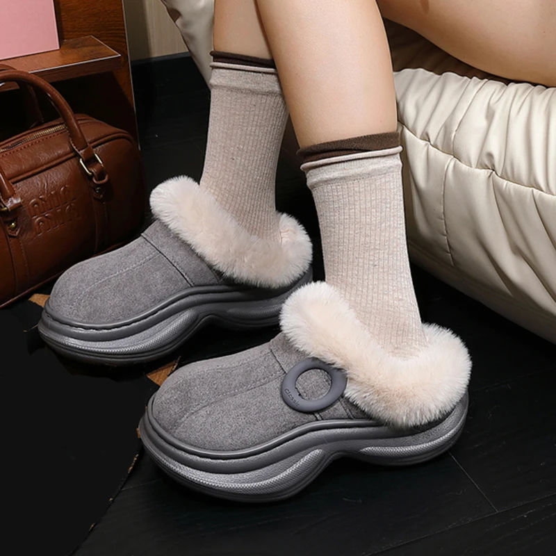 Fashion Chunky Platform Fluffy Slippers Women Outdoor Faux Suede Thick Bottom Cotton Slides Woman Warm Long Plush Home Slippers