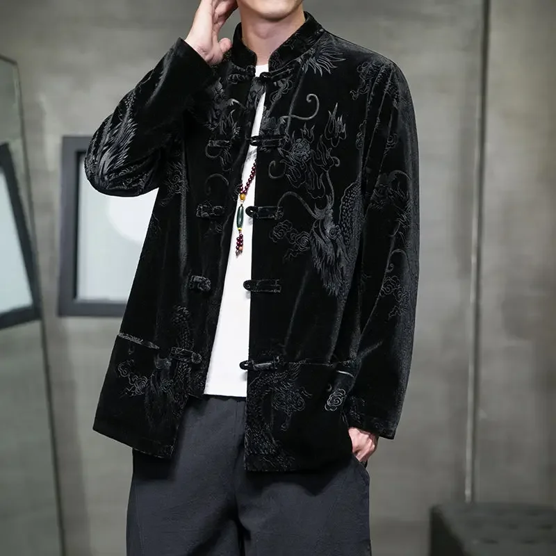 Autumn Winter Vintage Black Brown Velvet Pattern Dragon Tang Suit Coat Men Traditional Chinese Casual Jacket Tai Chi Uniform