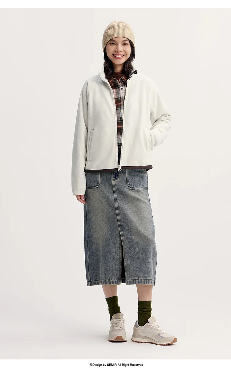 Coat Women Antistatic Polar Fleece Loose New Winter Stand-Up Collar Raglan Sleeve Jacket