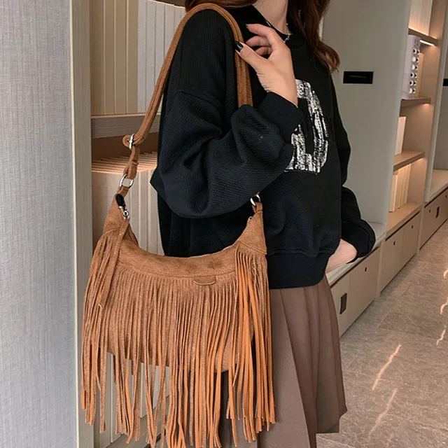 Ice Blue Suede Fringe Bag