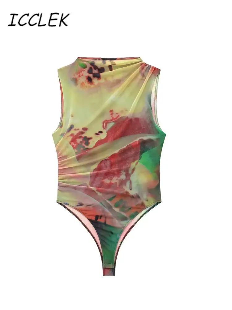 

Боди Icclek с цветочным принтом женское, майка без рукавов, сетчатые сексуальные топы, прозрачный наряд, боди с цветочным принтом, Облегающий комбинезон