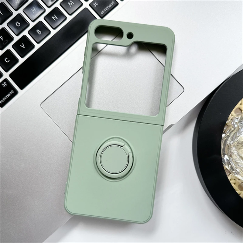 Soft Liquid Silicone Folding Phone Case with Square Frame and Magnetic Ring Holder