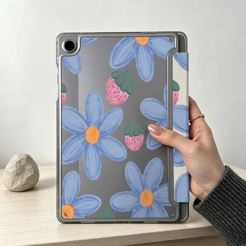 Cartoon Blue Flower Strawberry Soft Foldable Tablet Case